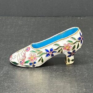 Vintage Cloisonne Shoe Heel Figurine Enamel Gold Embellished Floral Design